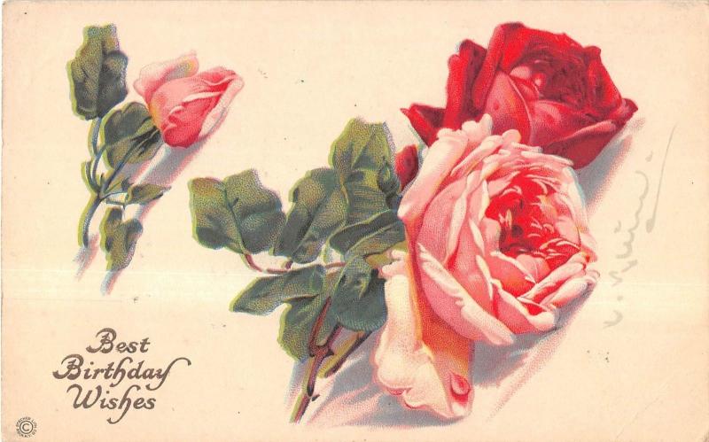 Pink & Red Roses With Birthday Wishes Signed Klein Antique Postcard V9782