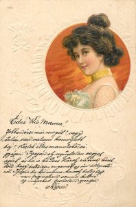 Beauty lady portrait embossed Art Nouveau postcard to Arad Romania 1901