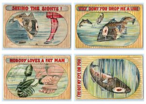 Lot Of 4 Antique Carmichael Artist Fish Themed Comic Postcards