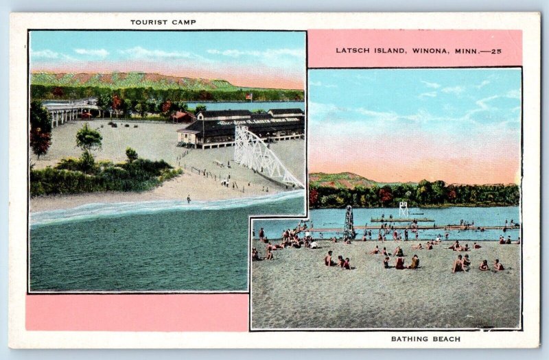 Winona Minnesota Postcard Tourist Camp Latsch Island Bathing Beach c1920 Vintage