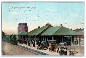 1911 G N Depot Station Railroad Train Devils Lake North Dakota ND Postcard
