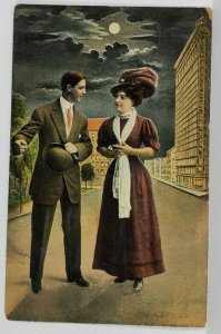 Victorian Couple Evening Street Scene 1907 Houston to Fort Smith Ark Postcard S8