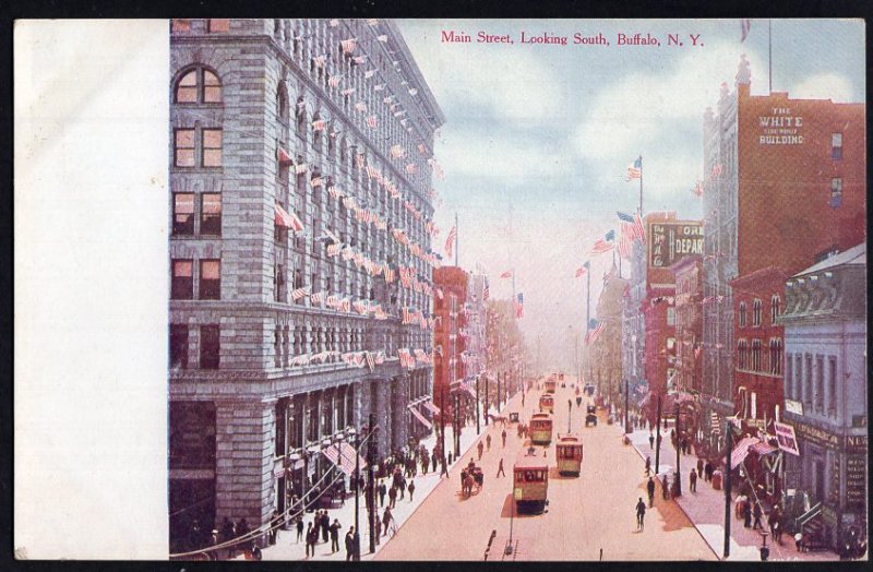 New York BUFFALO Main Street looking South flags store fronts - Divided Back