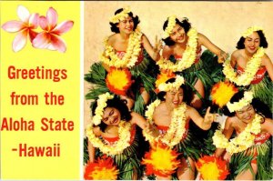 2~Postcards  HI, Hawaii ALOHA STATE Greetings BEAUTIFUL HULA GIRLS & SURFERS