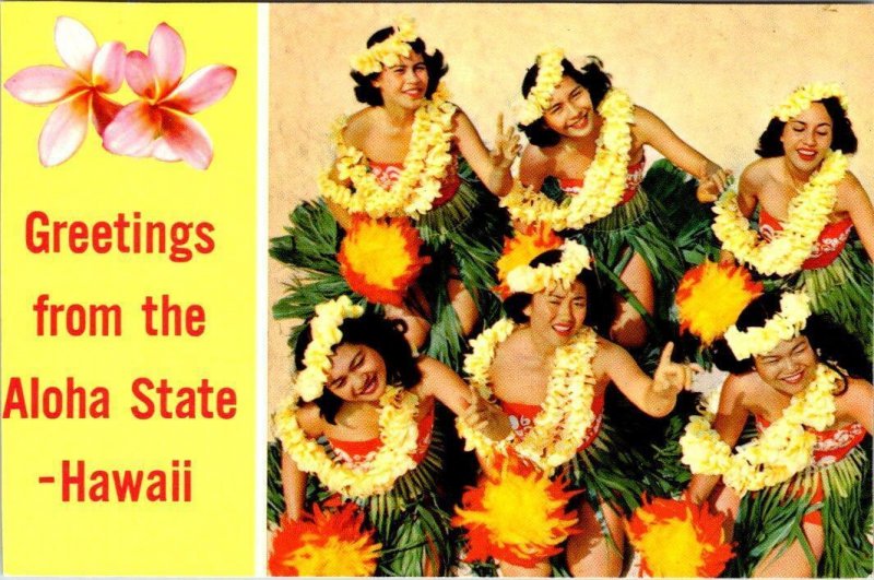 2~Postcards  HI, Hawaii ALOHA STATE Greetings BEAUTIFUL HULA GIRLS & SURFERS
