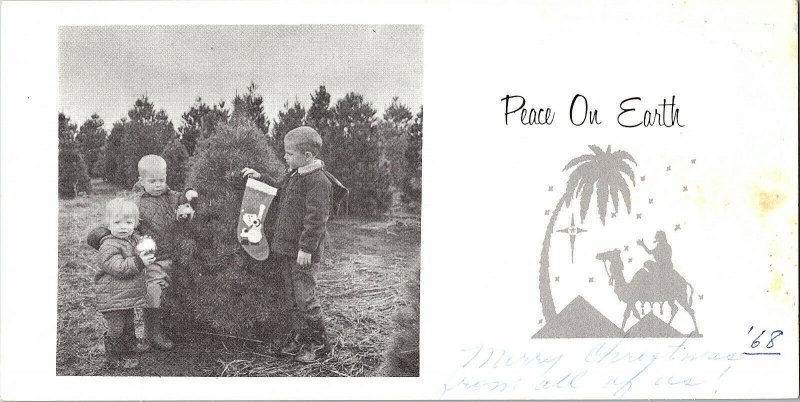 1968 Peace On Earth Vintage Christmas Photo Card 3 Children By Tree