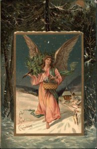 Christmas Angel Holding Tree Gift Basket Embossed c1900s-10s Postcard