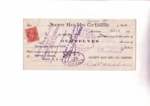 Custom Cheque from Society Hat Mfg Montreal, Quebec, Canada Three Cent Stamp ...