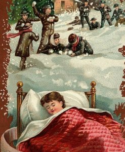 1890s Christmas Lion Coffee Woolson Spice Co Children Snowballs Girl Sleeping 