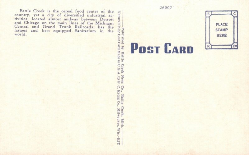 Vintage Postcard Post Tavern Cereal Food Center Industry Battle Creek Michigan