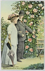 Man Walks Pretty Lady Through Park with Beautiful Pink Roses - Vintage Postcard