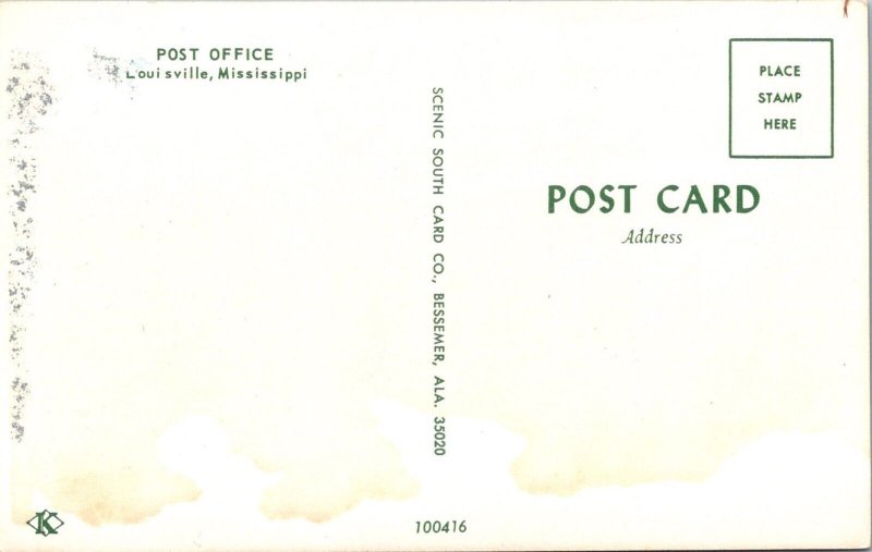 Vintage Postcard POST OFFICE Louisville, Mississippi JM3