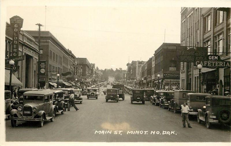 c1930s RPPC; Main Street Scene Minot ND Ward County, Signs & Cars, posted