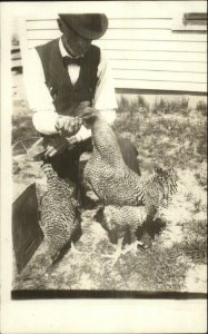 Man Feeding Chickens NICE CLOSE-UP GREAT DETAIL c1910 Real Photo Postcard