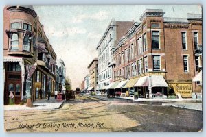 Muncie Indiana IN Postcard Walnut St Looking North Buildings Horse Carriage 1907