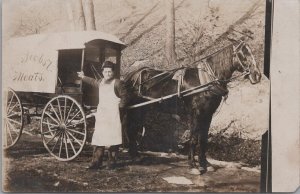 RPPC Postcard Man Driving Meat Wagon Brobst Meats Bethel PA