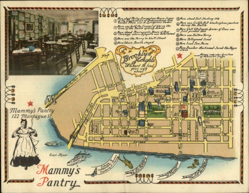 Brooklyn Heights NY Mammy's Pantry Montague St. Fold-Open Map Adv Postcard