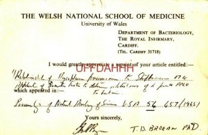 From: WELSH NATIONAL SCHOOL OF MEDICINE To:DR McGEE, WALTER REED RESEARCH 1965
