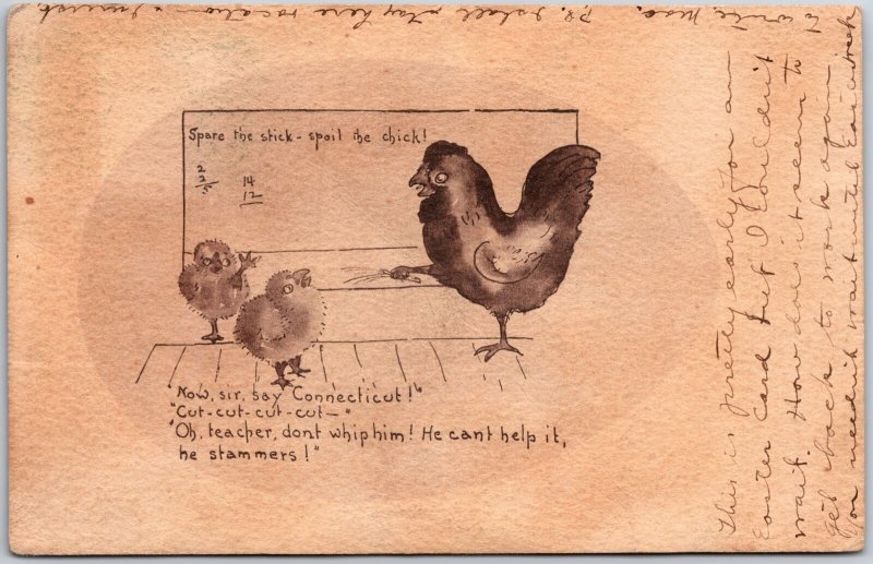 1908 Mother Chicken Sharing Food To Chicks Easter Greetings Card Posted Postcard