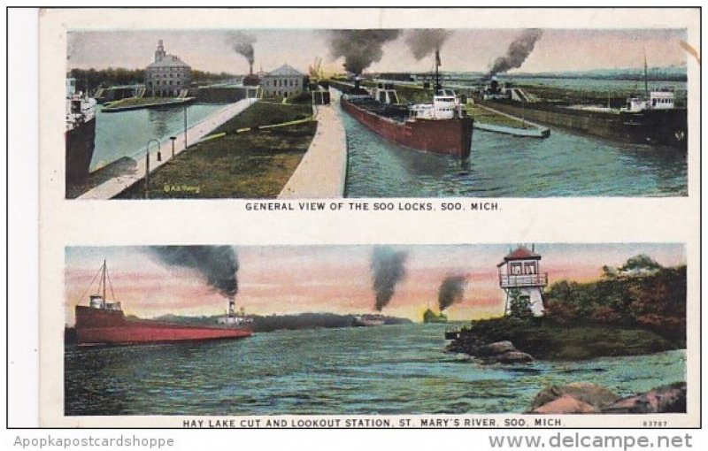 Michigan Soo General View Soo Locks and Hay Lake Cut With Lookout Station St ...