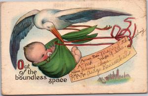 Stork Delivering Baby Birth Announcement c1921 Vintage Postcard J03