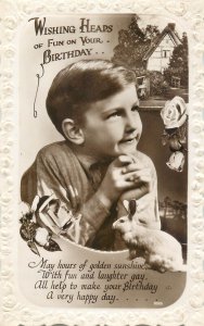 British birthday greetings postcard boy & rabbit best wishes