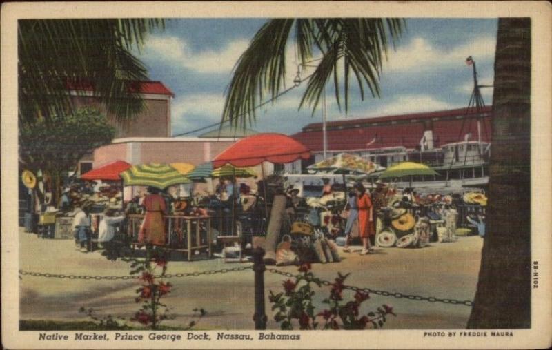 Nassau Bahamas Prince George Dock Native Market Linen Postcard