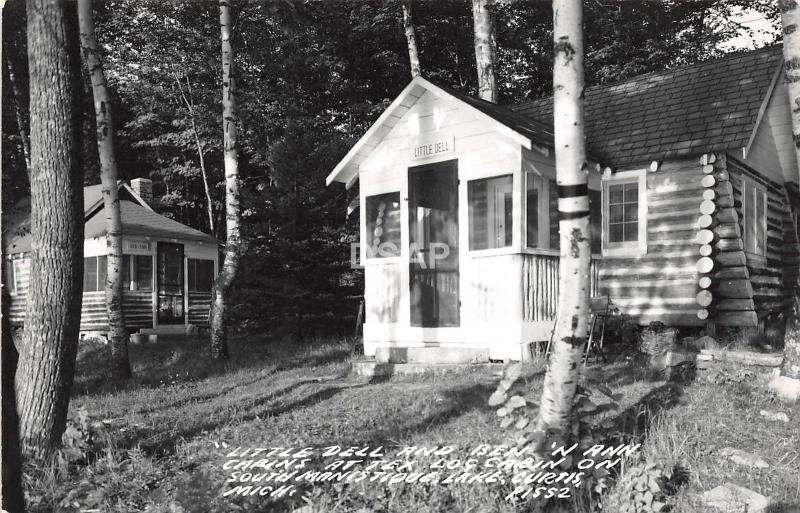 C4/ Curtis Michigan Mi RPPC Postcard c50s Cabins Tex Log South Manistique Lake