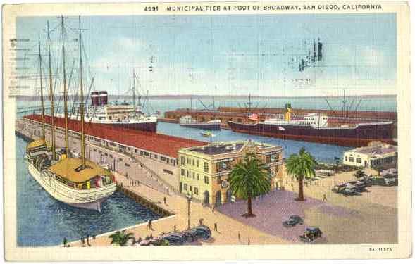 Municipal Pier at Foot of Broadway, San Diego, California, CA, 1936 Linen