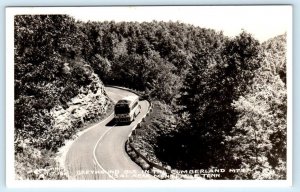 RPPC ~ GREYHOUND BUS in CUMBERLAND MOUNTAINS near Monteagle TN 1940s Postcard