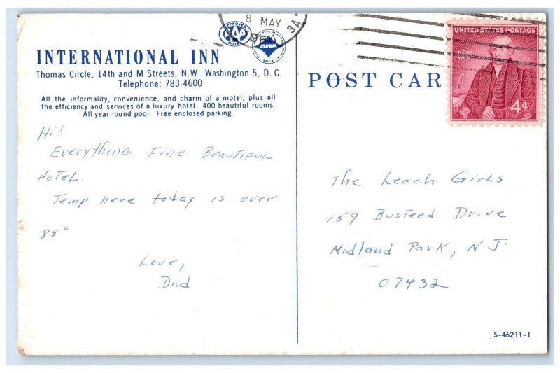 1964 International Inn Thomas Circle Building Visitors Washington DC Postcard