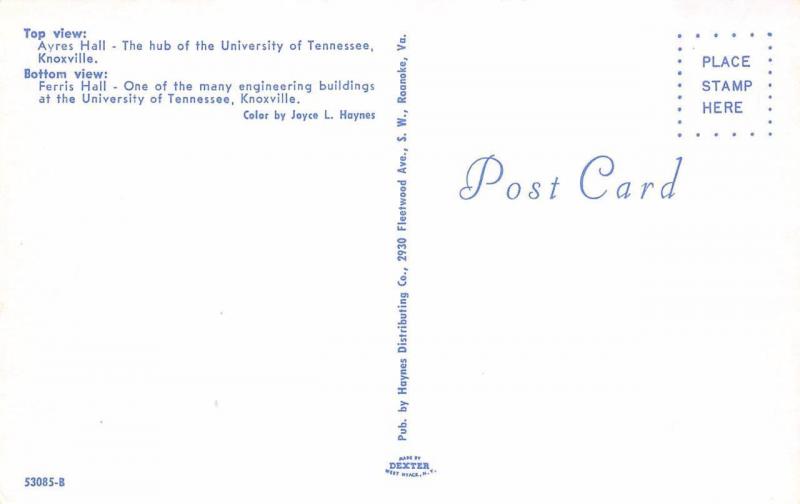 TN, Knoxville  UNIVERSITY OF TENNESSEE Greetings  FERRIS HALL  Chrome Postcard