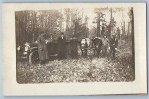 c1910's Mens Car Auto And Two Oxen Forest Scene RPPC Photo Antique Postcard