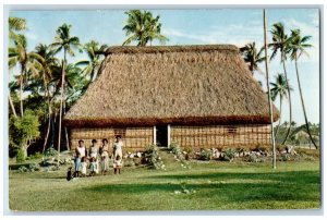 1963 A Chief's Bure Fiji Family Traditional Hut Palm Tree Vintage Postcard 