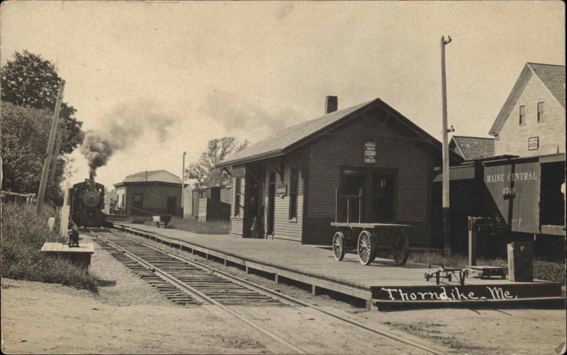 Thorndike Maine ME Train Station Depot Train in View c1910 Real Photo Postcard