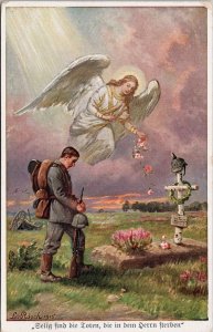 German Soldier Paying Respects Grave Cemetery Angel Military Rasch Postcard H24