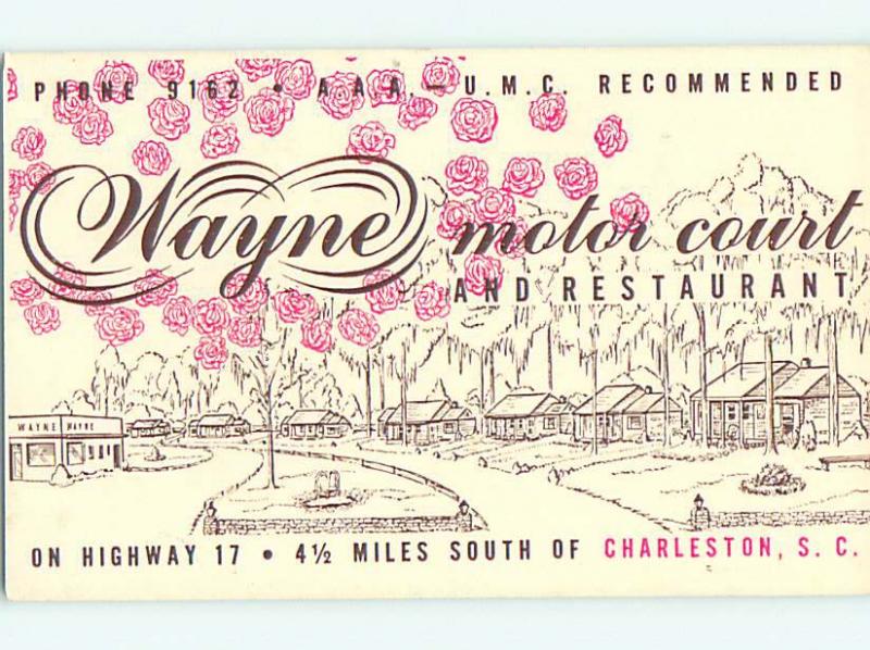 Unused 1950's WAYNE MOTOR COURT MOTEL & RESTAURANT Charleston SC u7486-22