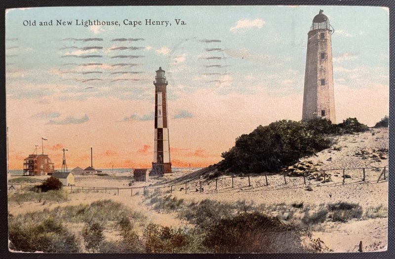 Vintage Postcard 1911 Old and New Cape Henry Lighthouses, Cape Henry Va.