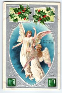 Christmas Postcard Lovely Angels Holly Leaves Religious Vintage Germany Embossed