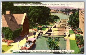 Rideau Canal Locks, Interprovincial Bridge, Ottawa, Vintage Linen Postcard, NOS