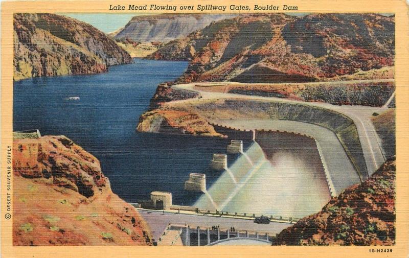 Lake Mead Flowing Over Spilling Gates Boulder Dam Nevada Postcard