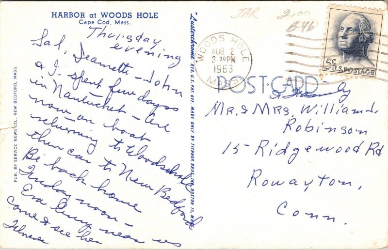 Harbor Woods Hole Cape Cod Massachusetts MA Postcard PM Cancel WOB Note Tichnor 