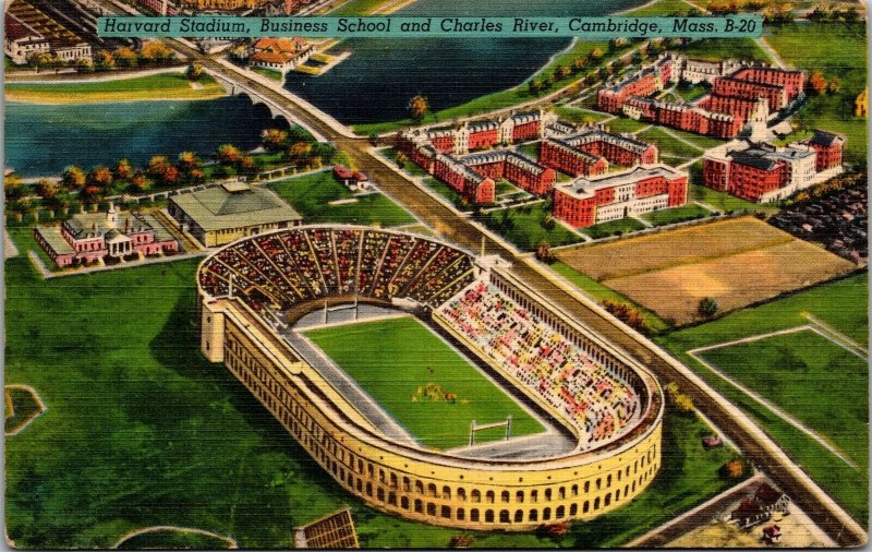 Vtg Cambridge MA Harvard Stadium Business School Charles River B 1940s Postcard