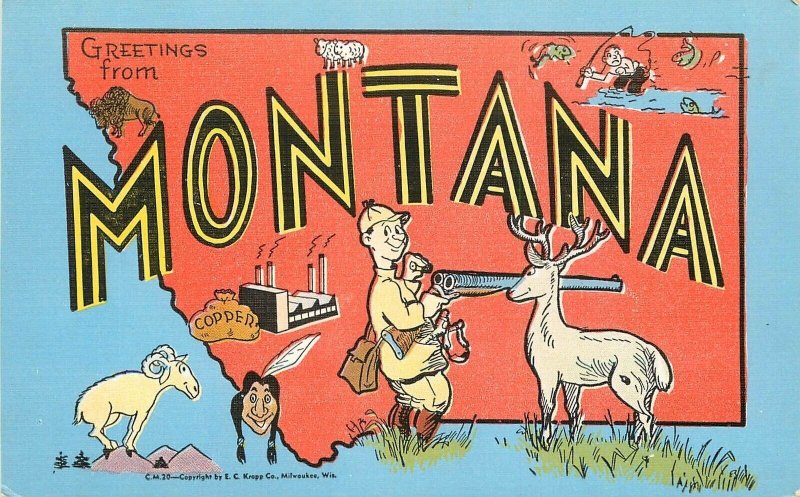 Postcard Montana 1940s Map Attractions Kropp linen 23-3085