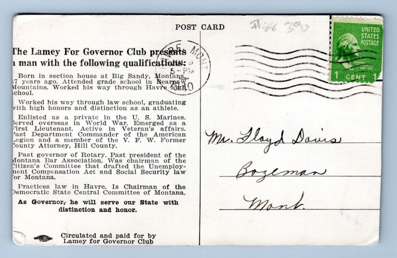 Lamey For Governor Election Advertising Havre Montana MT 1940 Postcard L15