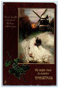 c1910's Christmas Windmill Winter Scene Berries Tuck's Buckfield ME Postcard