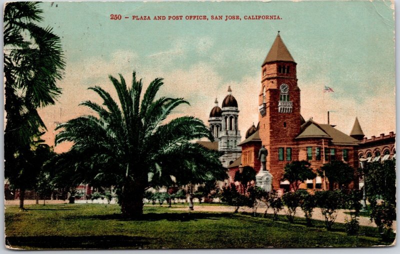 1910's Plaza And Post Office San Jose California Grounds Palms Building Postcard