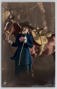 RPPC Equestrian Pretty Woman Beautiful Horse Hand Colored Photo NPG Postcard B36