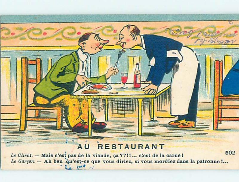 Pre-Linen comic foreign WAITER SERVING MEN AT HER FRENCH RESTAURANT HL9114