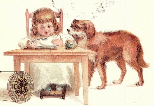 1880's J&P Coats Fantasy Cute Girl Eating, Dog Trade Card #5 P118